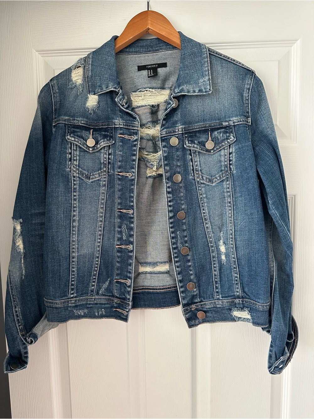 Forever 21 Distressed Blue Denim Jacket - Womens